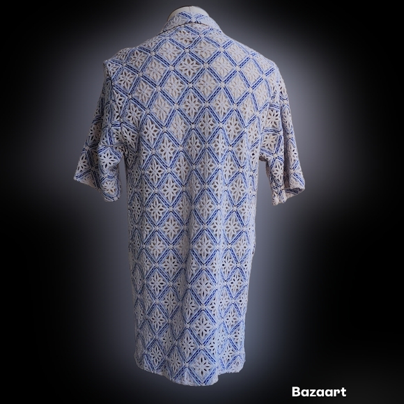 Stacy Adams Men"s Blue Geometric Floral Lattice Crochet Woven Shirt Size XL - Picture 2 of 11